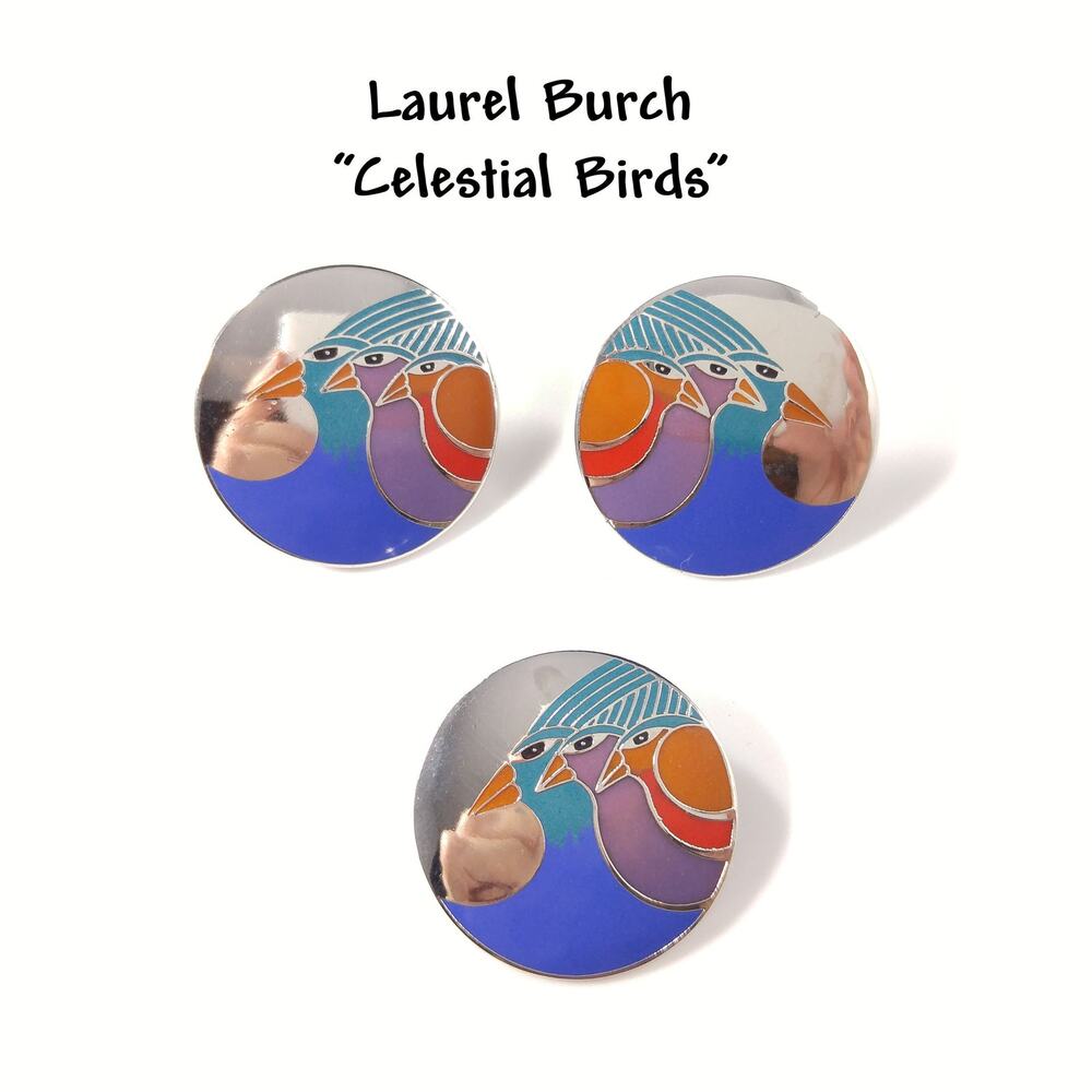 Laurel Burch Celestial Birds Brooch Earrings Set Cloisonné